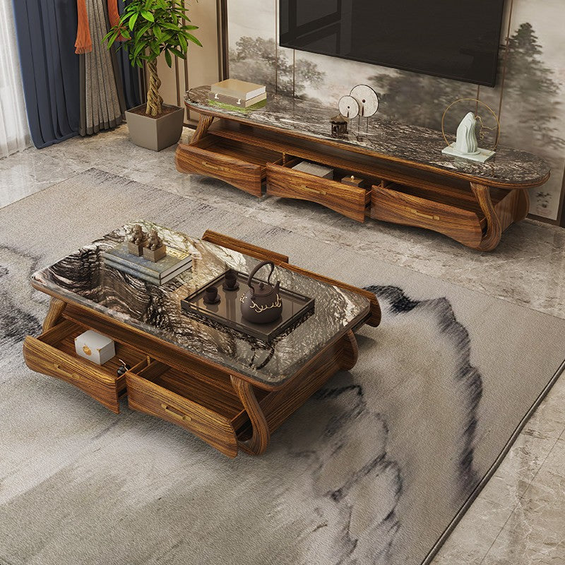 Wenge Wood Coffee Table with Guangxi Marble Top and 2 Drawers
