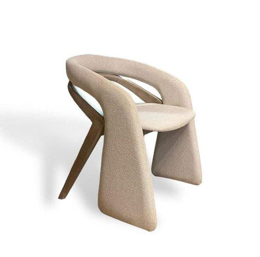 Modern Cream Boucle Dining Chair, Sculptural Upholstered Armchair with Wood Legs, Italian Style Accent Chair for Dining Room, Restaurant, Cafe, Living Room