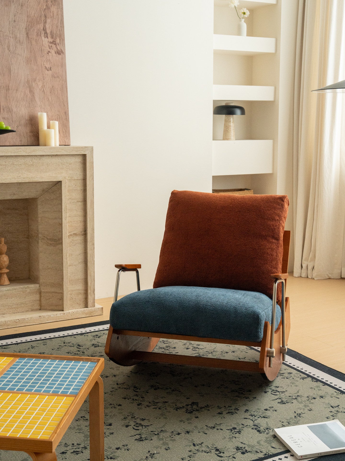 Two-Tone Upholstered Rocking Chair, Wood Frame Lounge Accent Chair