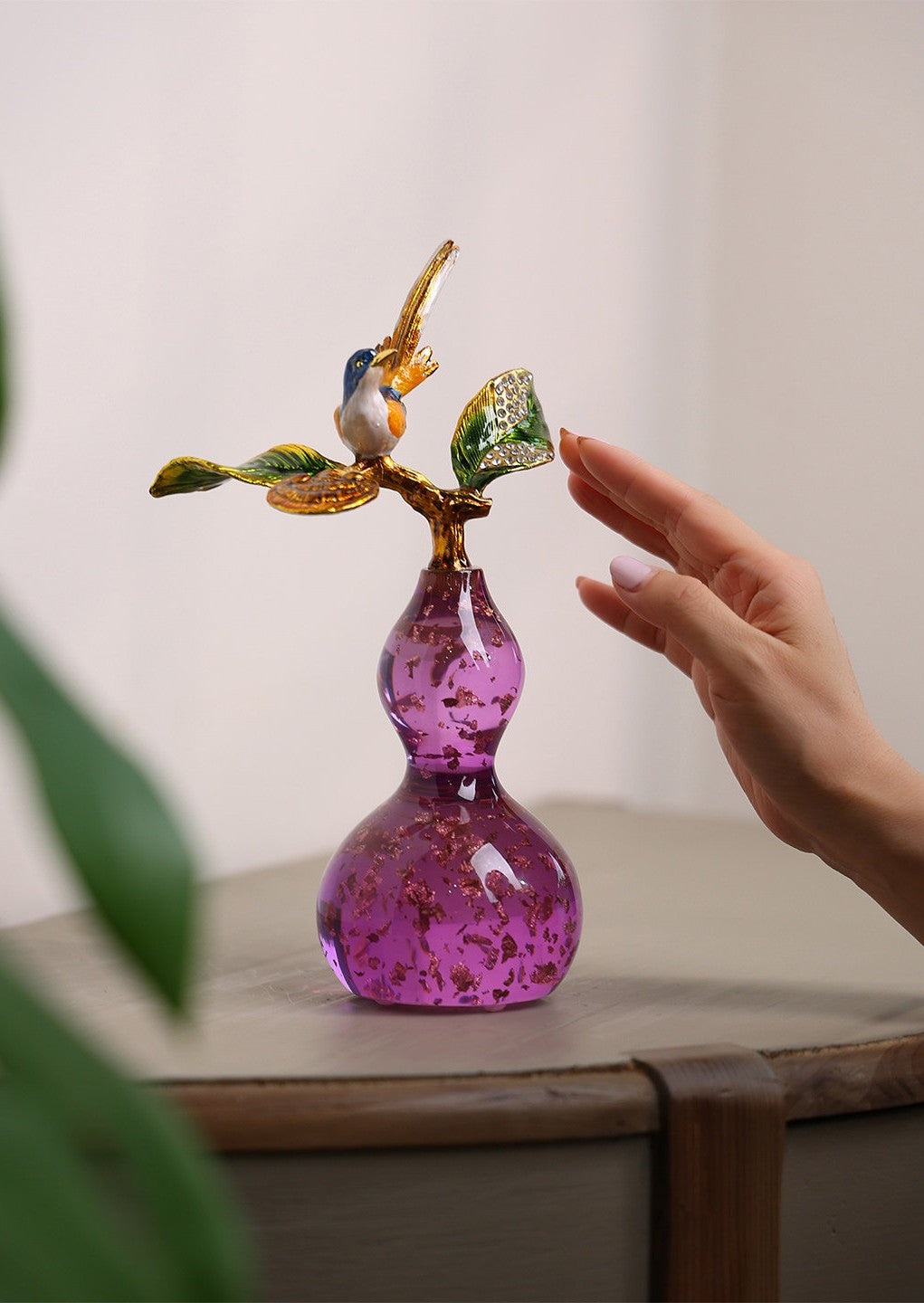 Purple Glass Gourd Bird Figurine with Enameled Leaves, Table Decor