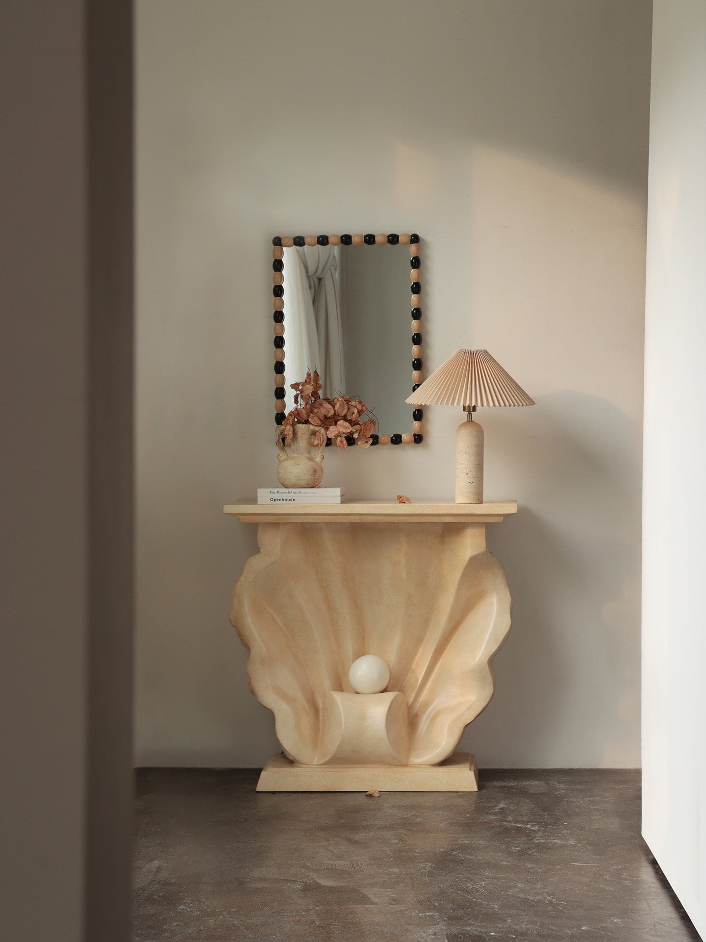Ivory Shell Console Table with Pearl Accent, Sculptural Entryway Table