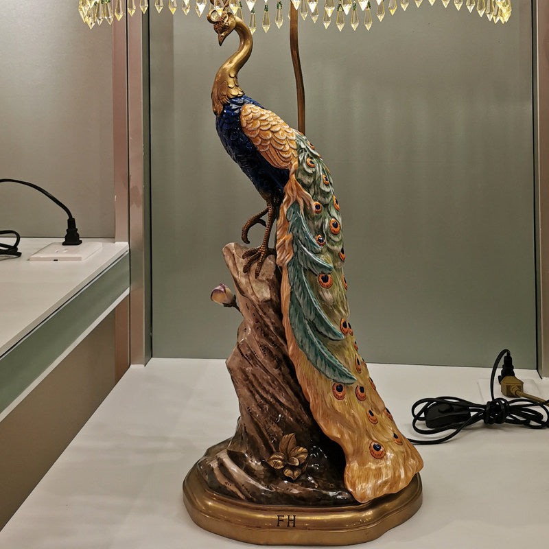 Peacock Table Lamp with Beaded Fabric Shade, Luxury Bird Statue Bedside Lamp, Decorative Accent Lighting for Living Room, Bedroom, Office, Study Room, Nightstand and Console Table