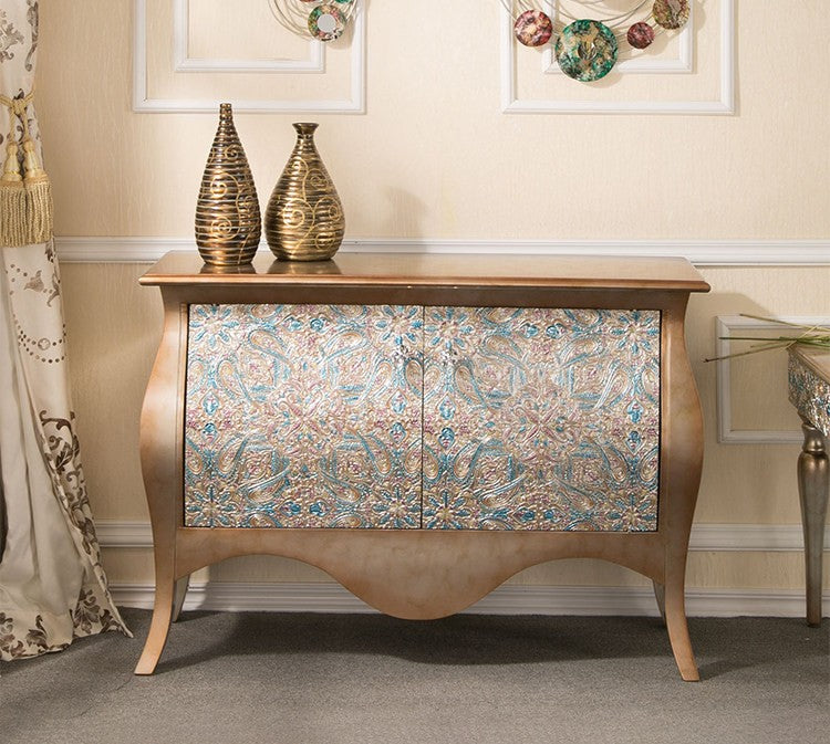 Vintage 6 Drawer Dresser with Gold Floral Front, Wooden Storage Chest, Luxury Sideboard Cabinet, Entryway Console, Bedroom Chest of Drawers, Fully Assembled