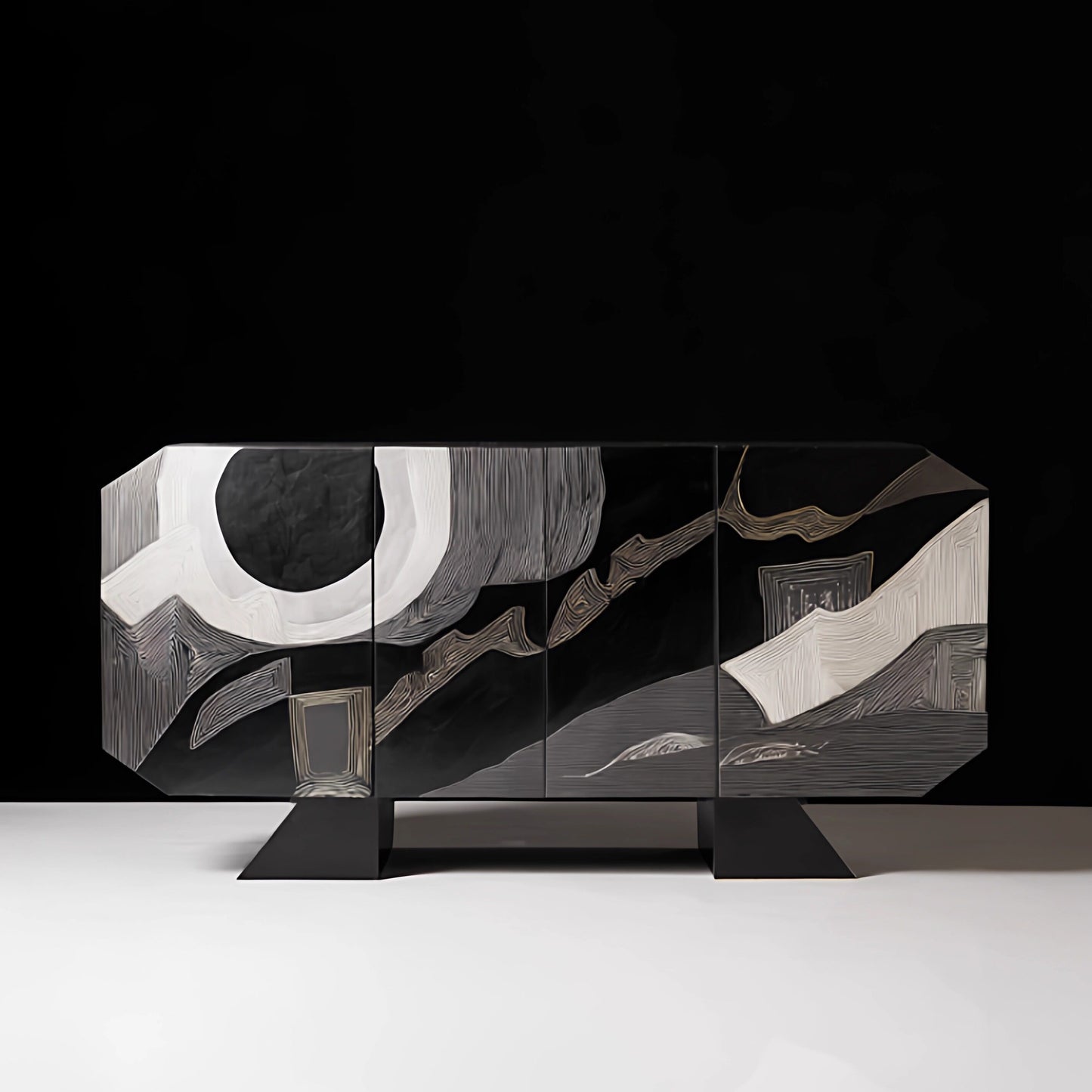 Black and White Abstract Sideboard Cabinet, Modern 3 Door Credenza Storage Cabinet, Decorative Entryway Cabinet Buffet Console for Dining Room, Living Room, Hallway, Foyer