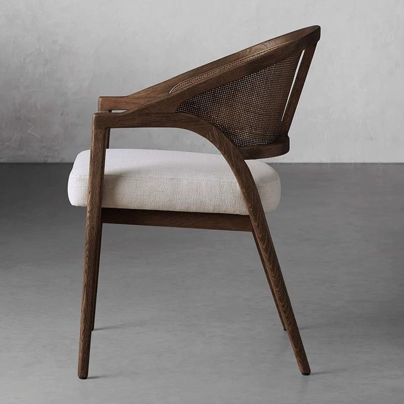 French Cane Back Dining Chair, Solid Wood Armchair with Cream Upholstered Seat, Rattan Accent Chair for Dining Room, Kitchen, Restaurant, Cafe, Living Room
