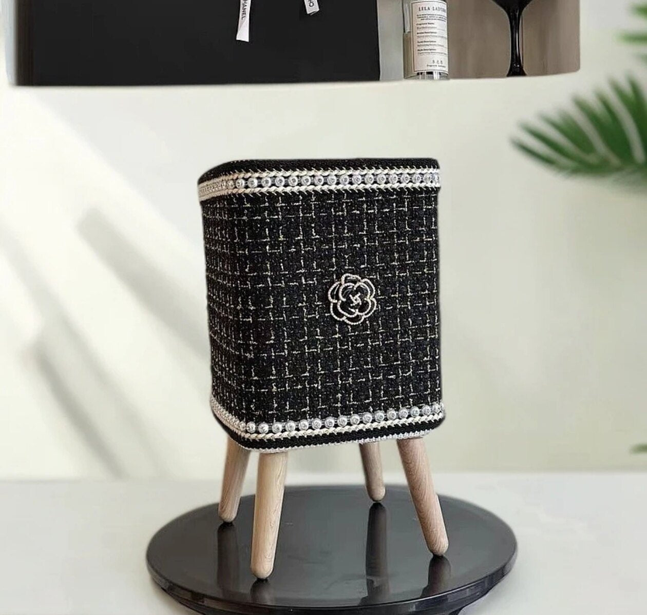 Black Tweed Style Trash Can with Lid, Decorative Press Top Waste Basket with Pearl Trim and Wooden Legs, Small Luxury Garbage Bin for Bathroom, Bedroom, Living Room, Office