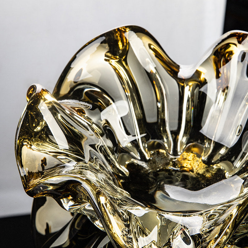 Amber and Smoky Clear Art Glass Fruit Bowl, Sculptural Flower-Shaped Decorative Serving Bowl, Large Centerpiece Dish for Coffee Table, Living Room, Candy, Snacks and Fruit