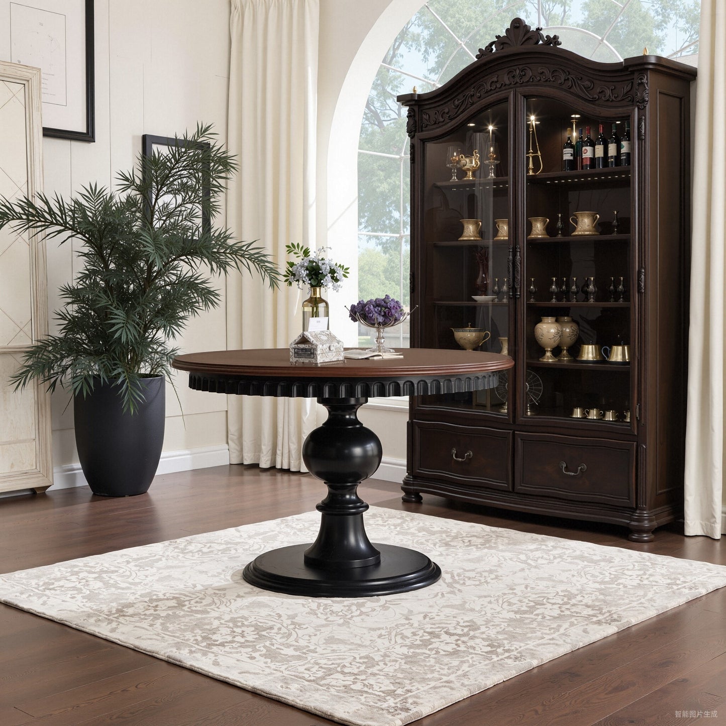 Round Pine Wood Dining Table, Vintage Style Pedestal Kitchen Table with Brown Top and Black Base, Small Space Breakfast Table for Dining Room, Apartment, Cafe, Living Room