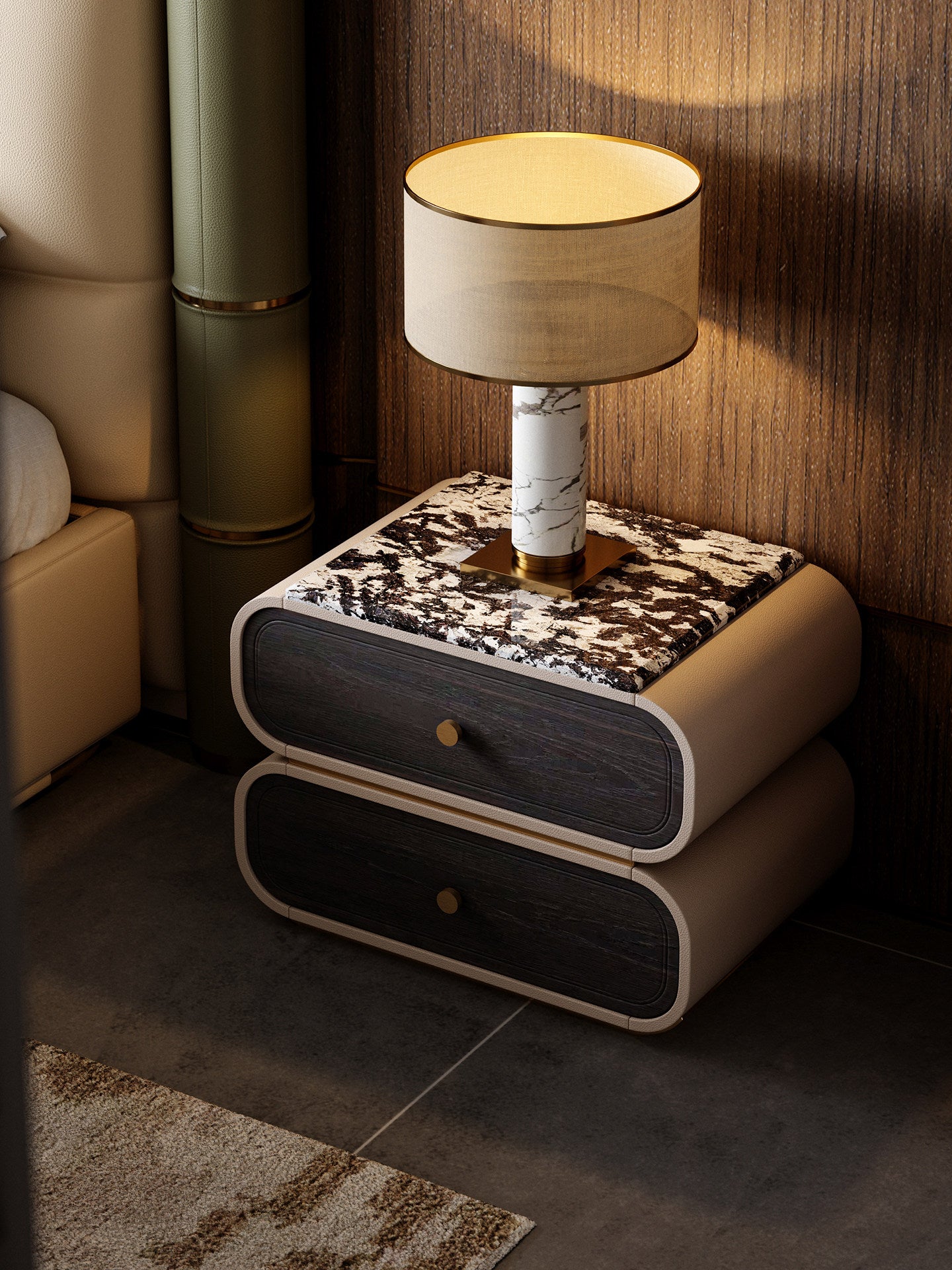 Modern Luxury Nightstand with Natural Stone Top, 2 Drawer Bedside Table in Smoked White Oak Finish, Rounded Bedroom End Table with Bronze Accents for Master Bedroom