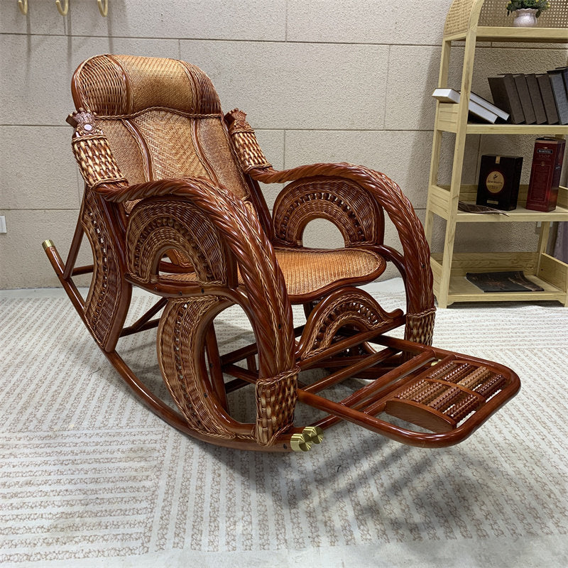 Natural Rattan Rocking Chair with Footrest, High Back Reclining Lounge Seat