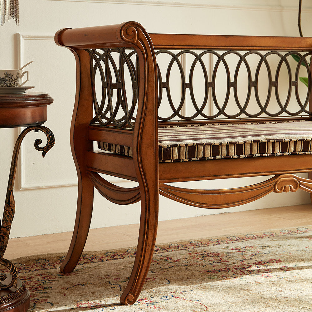 Amber Brown Solid Birch Wood Loveseat Bench, Vintage-Inspired 2-Person Upholstered Settee with Curved Arms, Open Loop Back and Removable Seat Cushion for Living Room, Entryway and Bedroom