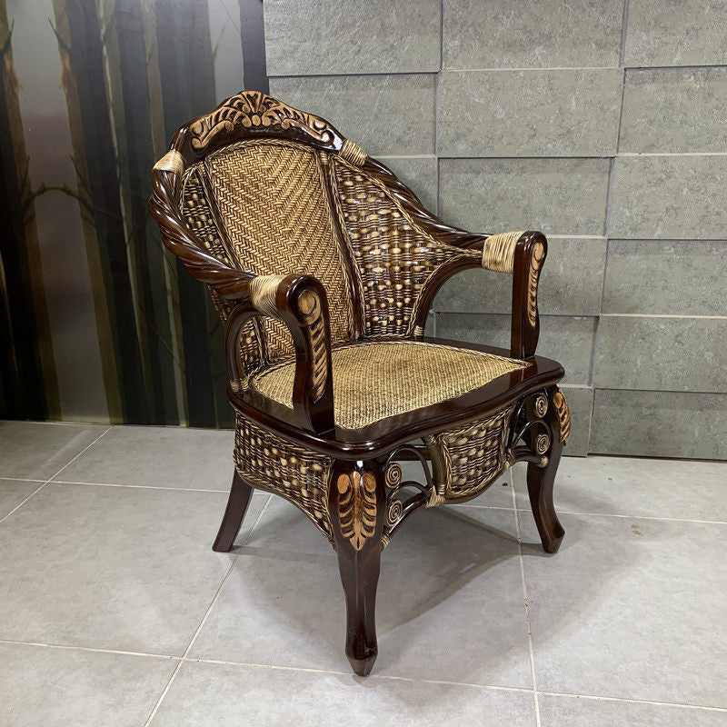 Ornate Natural Rattan High Back Armchair with Woven Cane Seat