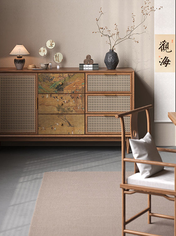 Rattan Sideboard Cabinet, Solid Wood Buffet Cabinet with Cane Door and Landscape Art Drawers, Modern Asian Inspired Credenza for Dining Room, Living Room, Entryway, Hallway, and Storage Decor