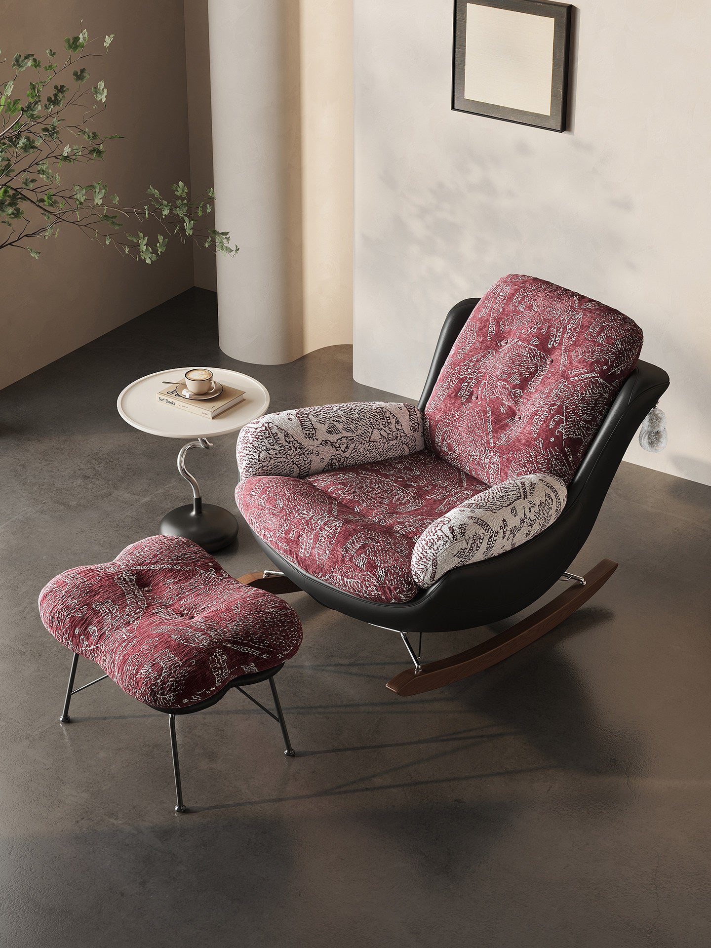 Red Patterned Rocking Chair with Wood Runners and Cushioned Seat