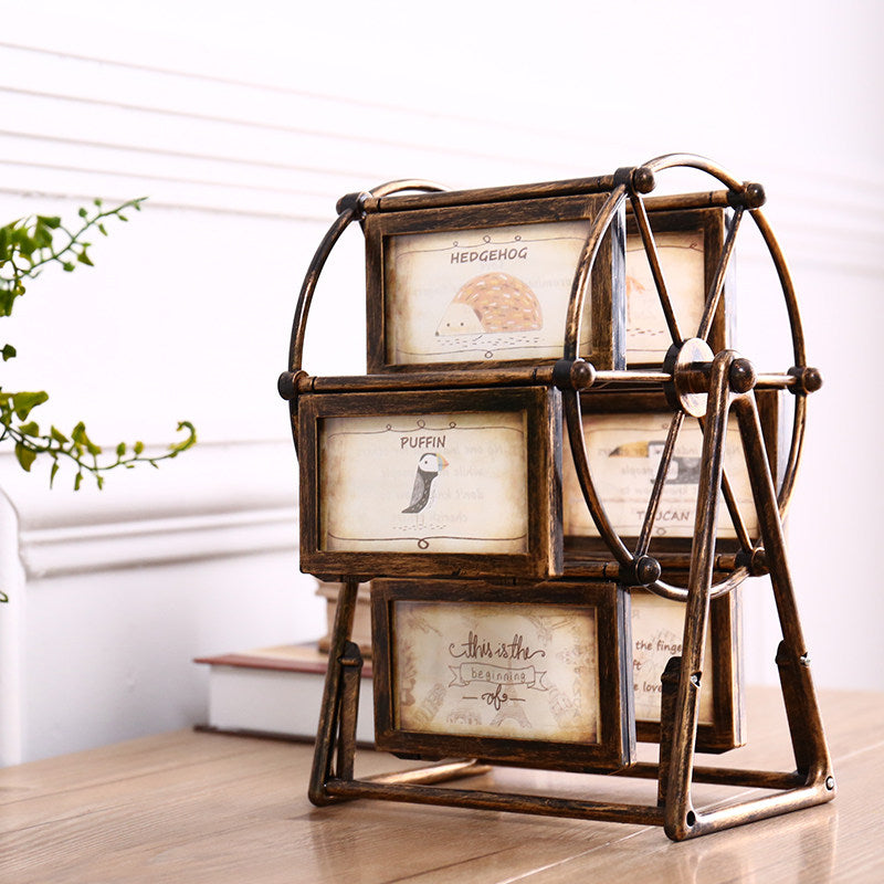 Antique Bronze Rotating Ferris Wheel Picture Frame, Tabletop Collage Photo Display with 6 Double-Sided 5 x 3.5 Inch Frames for Living Room, Bedroom, Office and Wedding Décor