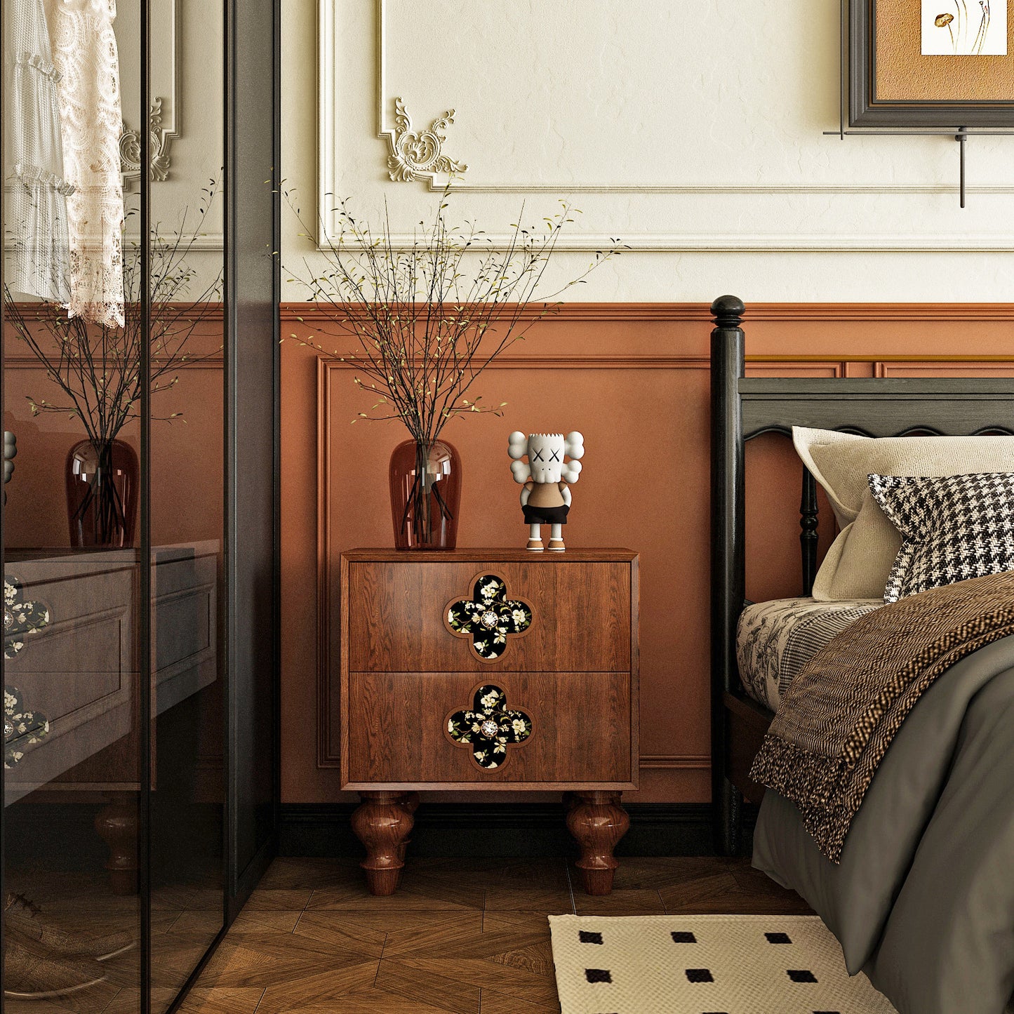 Solid Walnut Wood Nightstand with 2 Drawers, 19.7-Inch Bedside Table with Floral Quatrefoil Inlay Panels and Sculpted Legs for Bedroom, Guest Room or Living Room