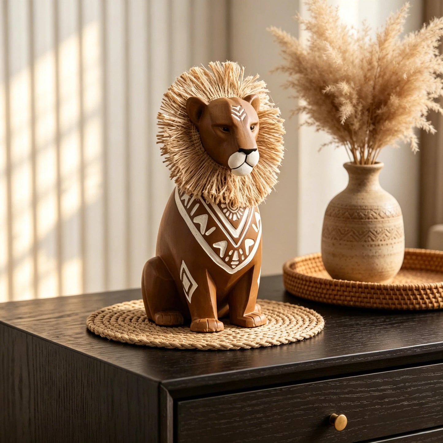 Brown Resin Lion Figurine with Raffia-Style Mane, Boho Sitting Animal Statue with White Geometric Details for Bookshelf, Office Desk, Entryway, Living Room and Bedroom Décor