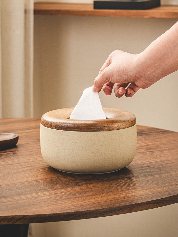 Ceramic Tissue Box with Walnut Wood Lid, Round Holder for Home Decor