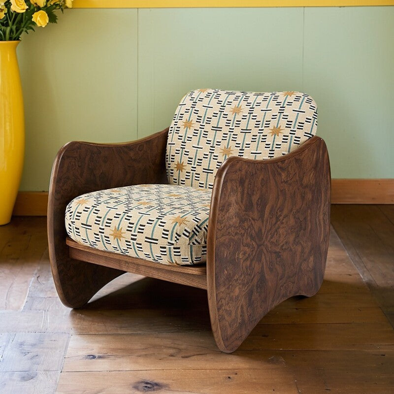 Modern Patterned Accent Chair, Solid Ash Wood Lounge Armchair with Beige Upholstered Cushions, Mid Century Style Single Sofa Chair for Living Room, Bedroom, Apartment, Hotel Lounge