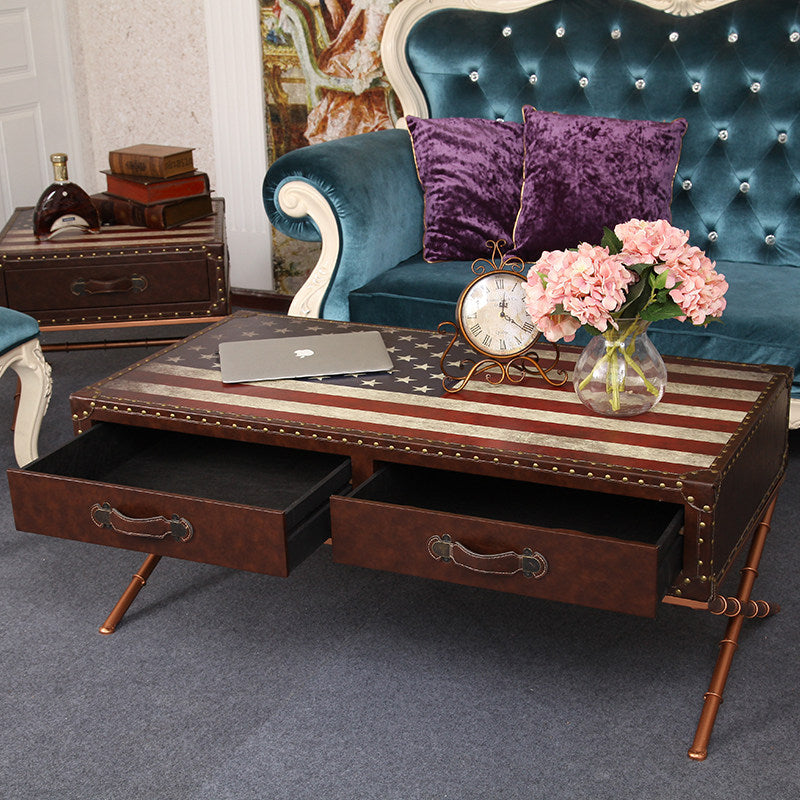 Vintage American Flag Coffee Table with Storage Drawers, Rustic Industrial Rectangular Wood Cocktail Table, Loft Style Living Room Center Table with Nailhead Trim and Metal Legs