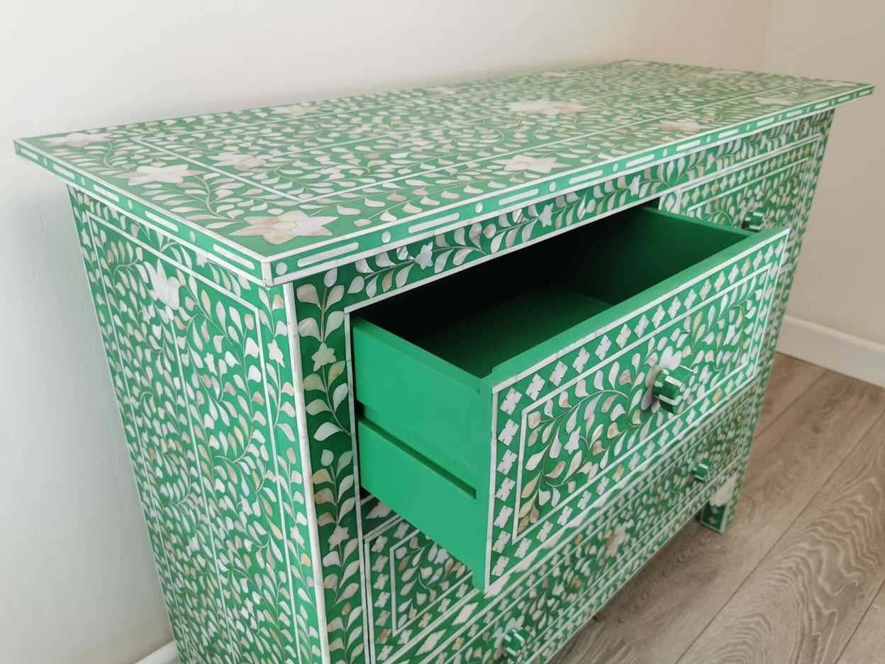 Luxury Black White Bone Inlay Dresser Handmade Wooden Storage Cabinet Moroccan Style Chest of Drawers Artisan Bedroom Accent Furniture for Living Room