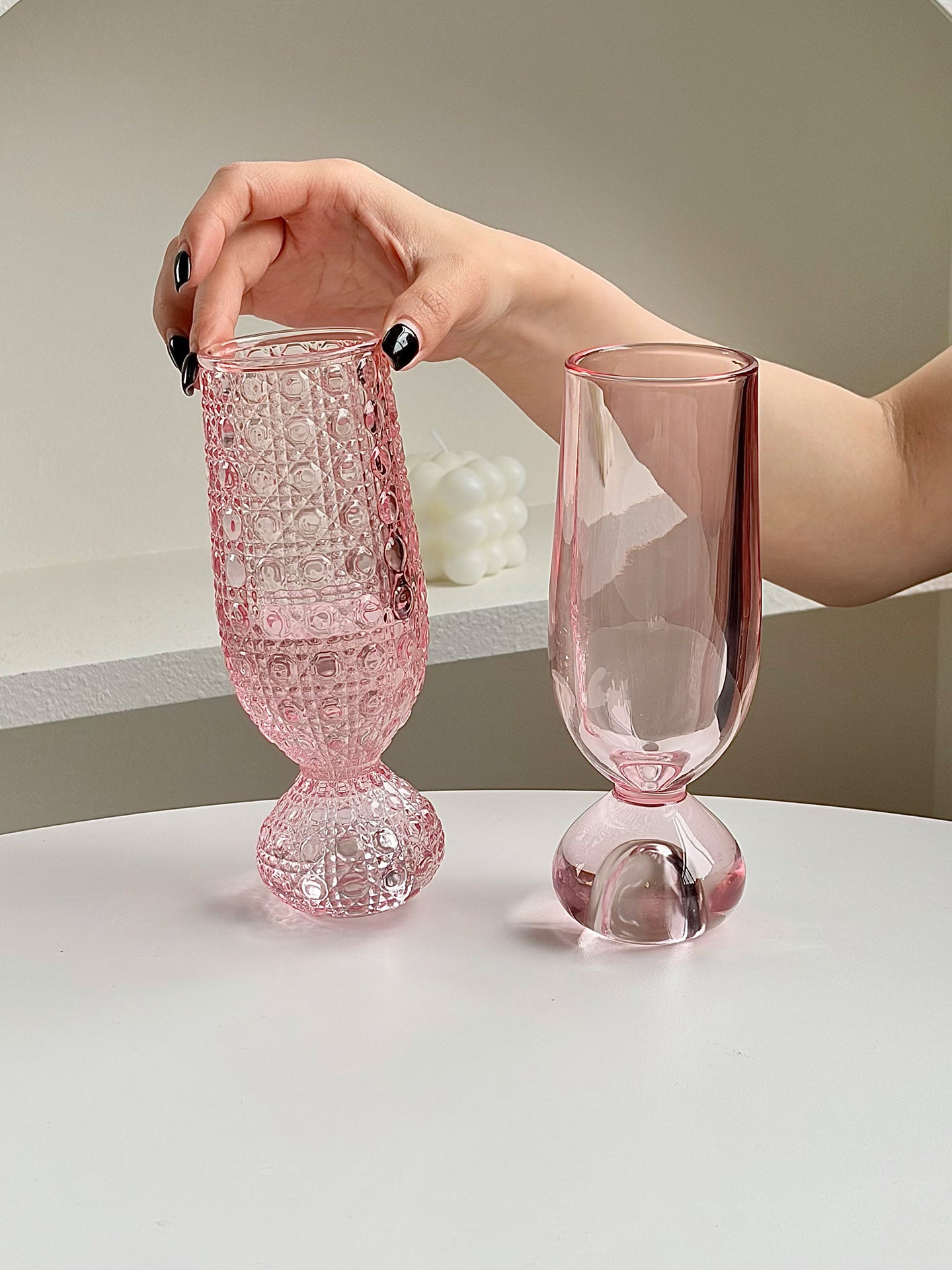 Pink Bubble Stem Champagne Glasses Set of 2, 6.4 oz Tall Footed Drinking Glasses with Smooth and Gem-Textured Designs for Sparkling Wine, Cocktails, Juice and Party Drinks