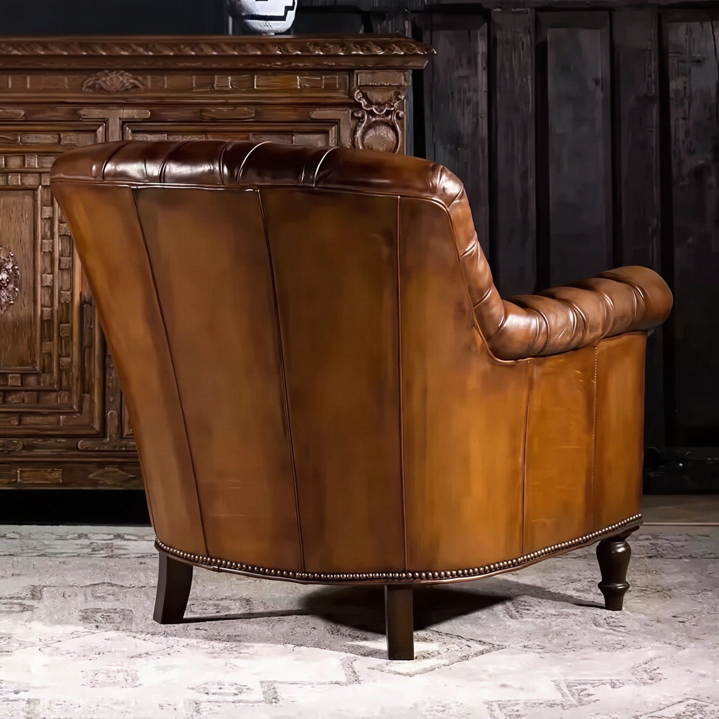 Vintage Brown Leather Club Chair with Tufted Back and Nailhead Trim