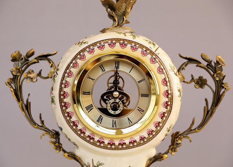 Ceramic Mantel Clock Set with 2 Candle Holders, Bird Floral Design