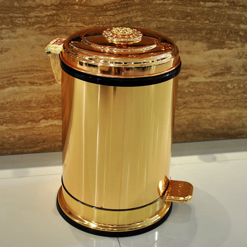 Gold Tone Step Trash Can with Lid, Round Pedal Waste Bin with Mirror Gold Finish, Luxury Style Garbage Can for Bathroom, Living Room, Bedroom, Office, Kitchen, Toilet, and Vanity Area