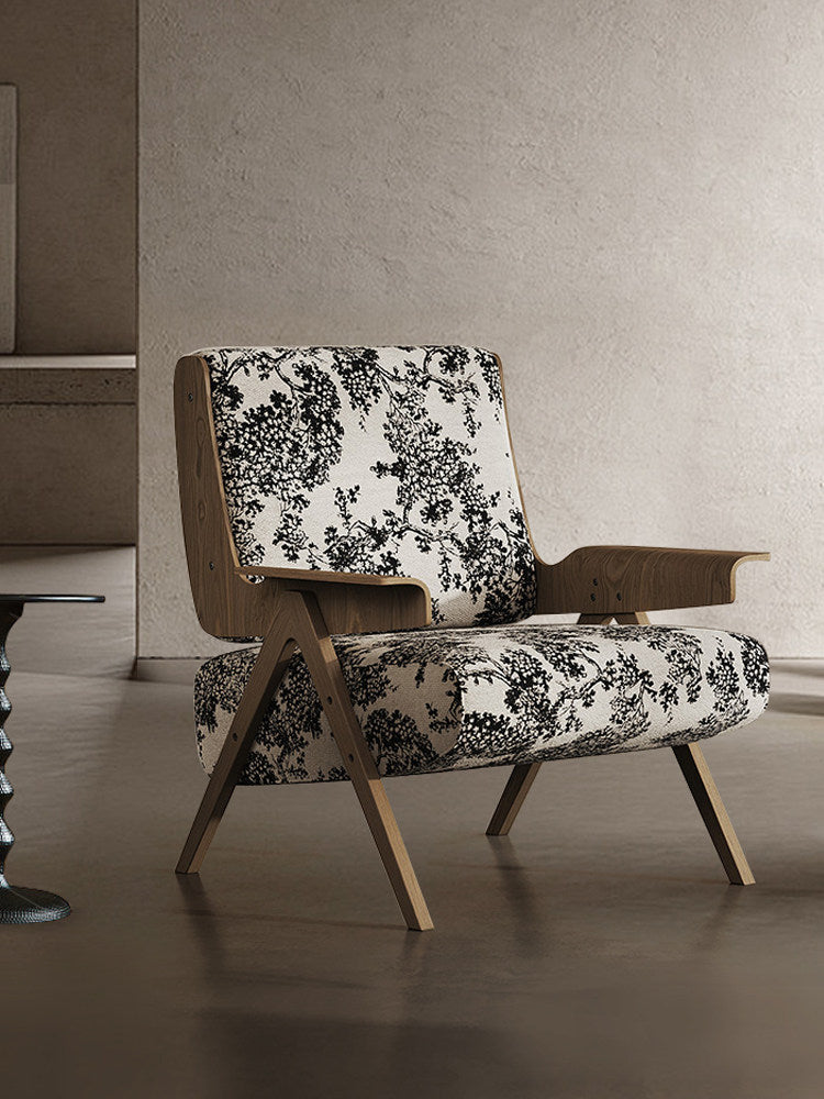 Black and White Floral Accent Chair, Mid Century Upholstered Lounge Chair with Solid Wood Arms for Living Room, Bedroom, Reading Nook and Hotel Lounge