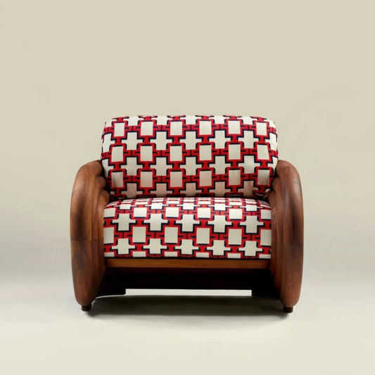 Modern Geometric Fabric Accent Chair with Solid Wood Arms, Red