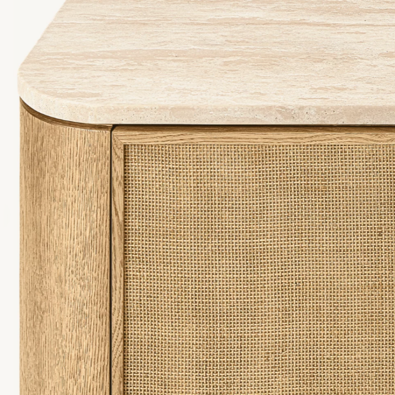 Cane Door Sideboard Buffet Cabinet, 4-Door Rattan Media Console with Travertine-Style Top for Living Room, Dining Room, TV Stand, Natural Wood