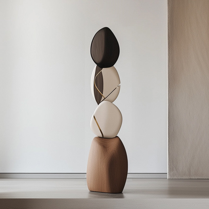 Modern Abstract Wood Floor Sculpture, Tall Carved Organic Stacked Statue, Brown and Ivory Decorative Art Accent for Hotel Lobby, Entryway, Living Room, Villa, Office and Gallery Decor