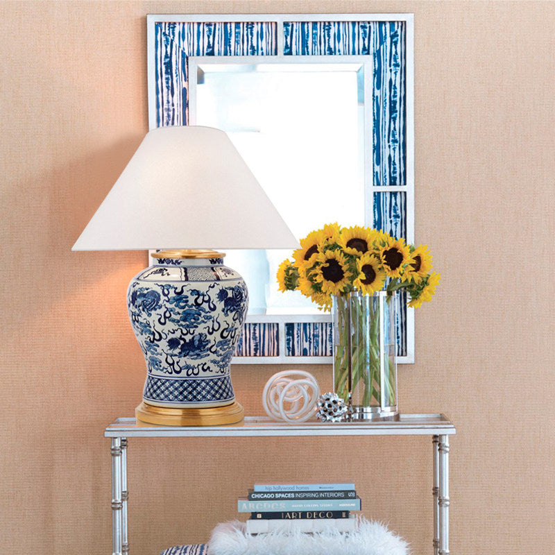 Large Blue and White Ceramic Table Lamp with Brass Accents, Hand Painted Porcelain Jar Bedside Lamp with Fabric Shade, E27 Socket and Button Switch for Bedroom Living Room