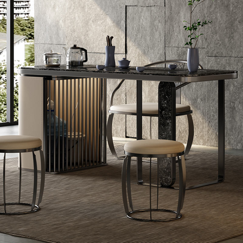 Black Marble-Look Dining Table with Side Storage Cabinet