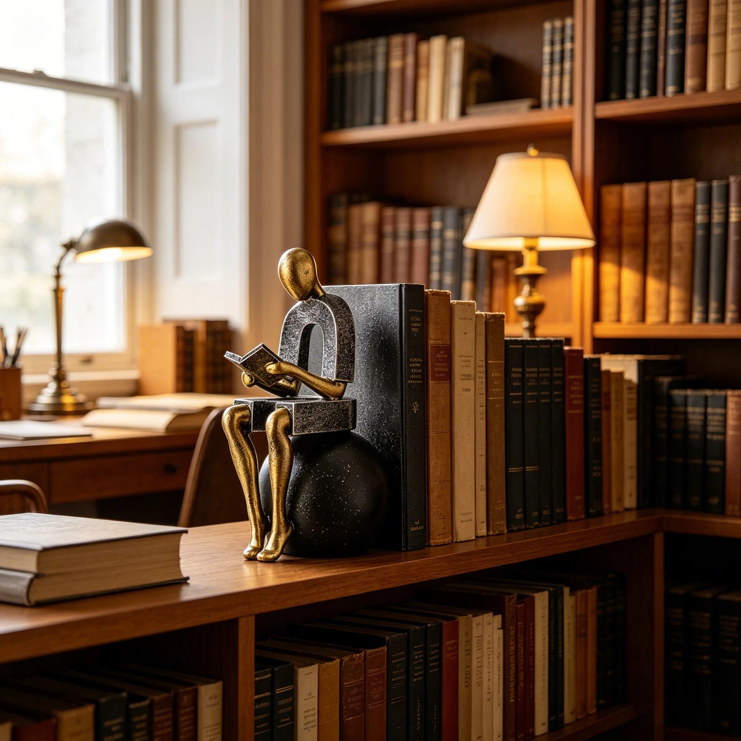 Black and Antique Gold Resin Reading Person Figurine, Abstract Seated Reader Sculpture with Book, Modern Literary Tabletop Décor for Bookshelf, Study, Office, Living Room and Entryway