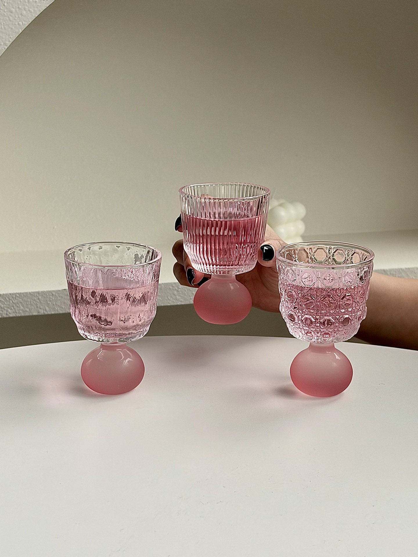 Set of 4 Pink Ball Stem Shot Glasses, 3.4 oz Small Footed Glass Cups with Mixed Textured Clear Bowls for Whiskey, Liqueur, Soju, Sake, Dessert Shooters and Tasting Drinks