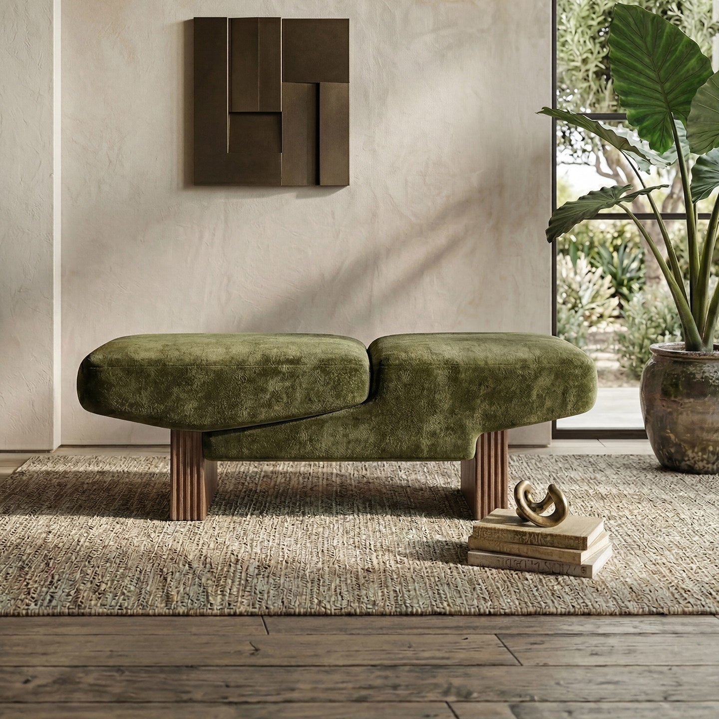 Olive Green Upholstered Bench, Chenille Accent Bench with Solid Wood Legs, Modern Entryway Bench, Bedroom End of Bed Seat, Living Room Footstool, Closet Bench
