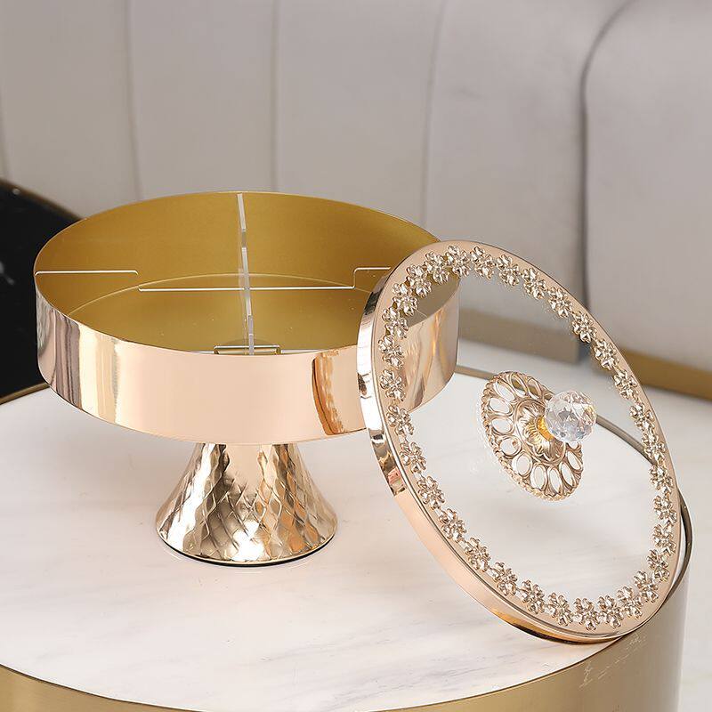Gold Decorative Divided Candy Dish with Lid, Round Glass Snack Storage Box with Pedestal Base and Crystal-Style Knob, Luxury Countertop Organizer for Nuts, Candy, Cookies and Tea Table Decor