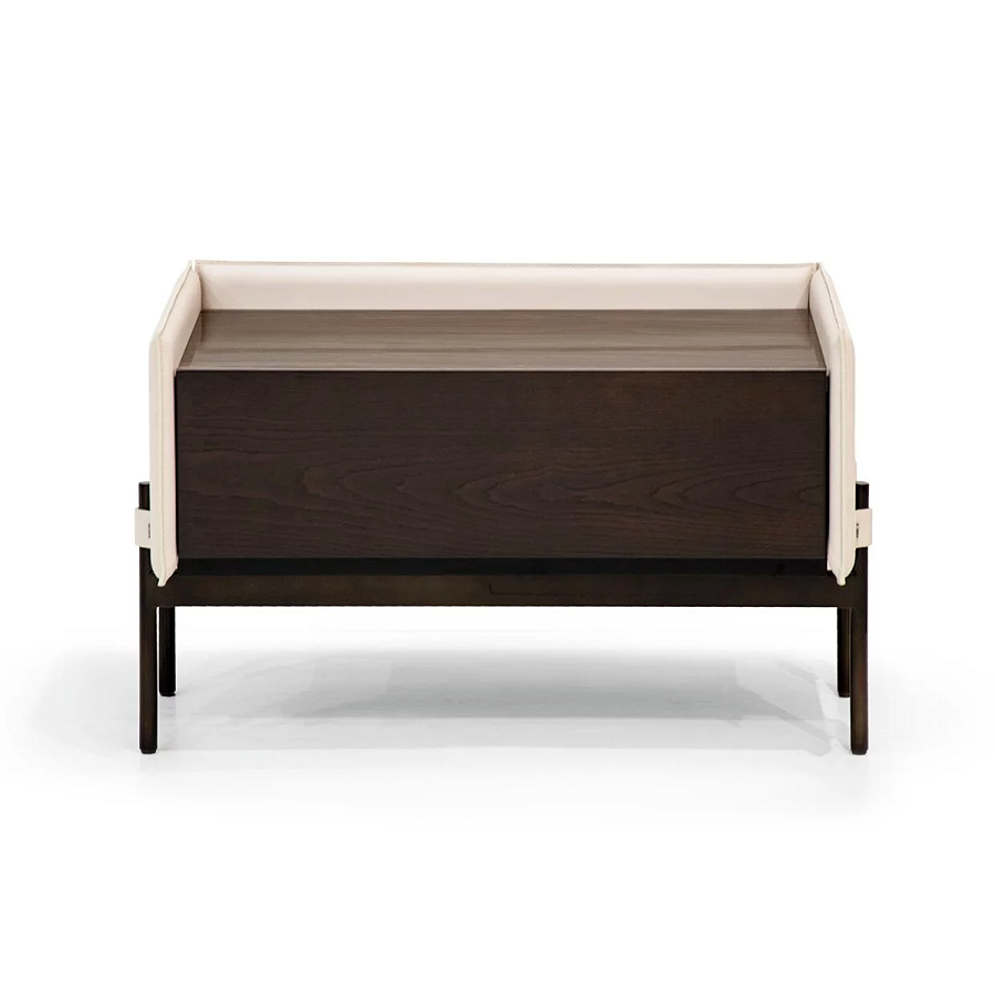 Modern Luxury Nightstand, Rectangular Bedside Table with Dark Wood Drawer and Cream Leather Side Panels, Metal Frame End Table for Bedroom, Hotel Room, Living Room