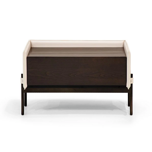 Modern Luxury Nightstand, Rectangular Bedside Table with Dark Wood Drawer and Cream Leather Side Panels, Metal Frame End Table for Bedroom, Hotel Room, Living Room