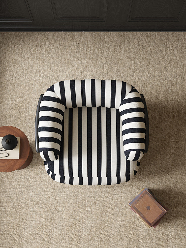 Black and White Striped Fabric Accent Chair with Rounded Cushions and Black Carbon Steel Tubular Frame, Modern Retro Lounge Armchair for Living Room, Bedroom, Apartment and Hotel