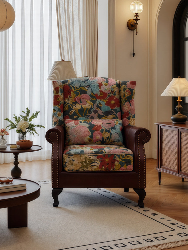Floral Wingback Accent Chair, Vintage Upholstered Armchair with Nailhead Trim for Living Room, Bedroom, Reading Nook and Lounge