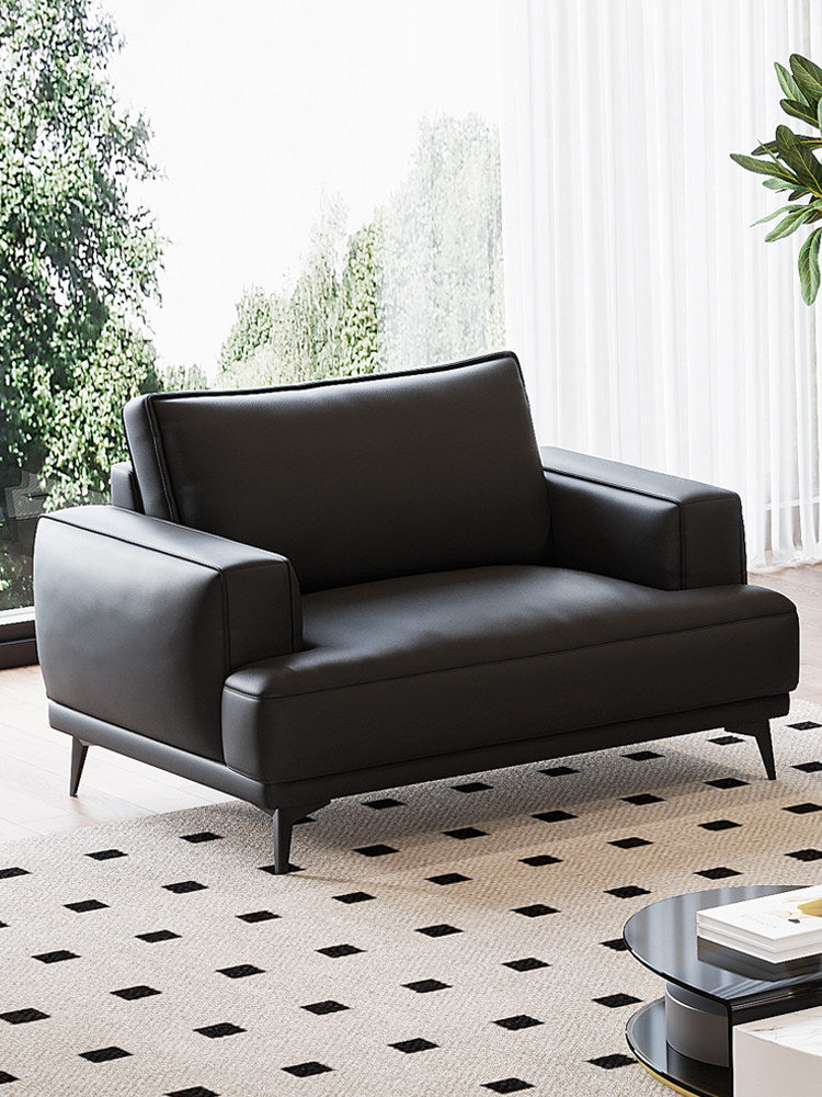 Black Top-Grain Leather Oversized Accent Chair, Deep-Seat Modern Lounge Armchair with Wide Box Arms, Cushioned Backrest and Solid Wood Frame for Living Room, Bedroom and Office