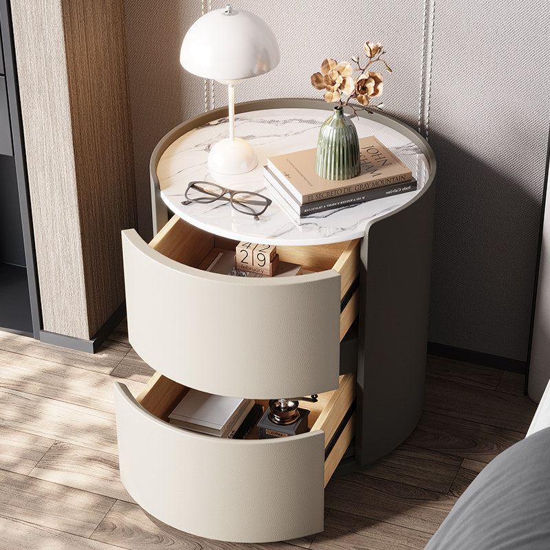 Round Nightstand with 2 Drawers, Modern Minimalist Bedside Table with White Sintered Stone Top, Beige and Gray Wood Bedroom Side Table, Small Curved End Table for Bedroom, Living Room, Sofa Side