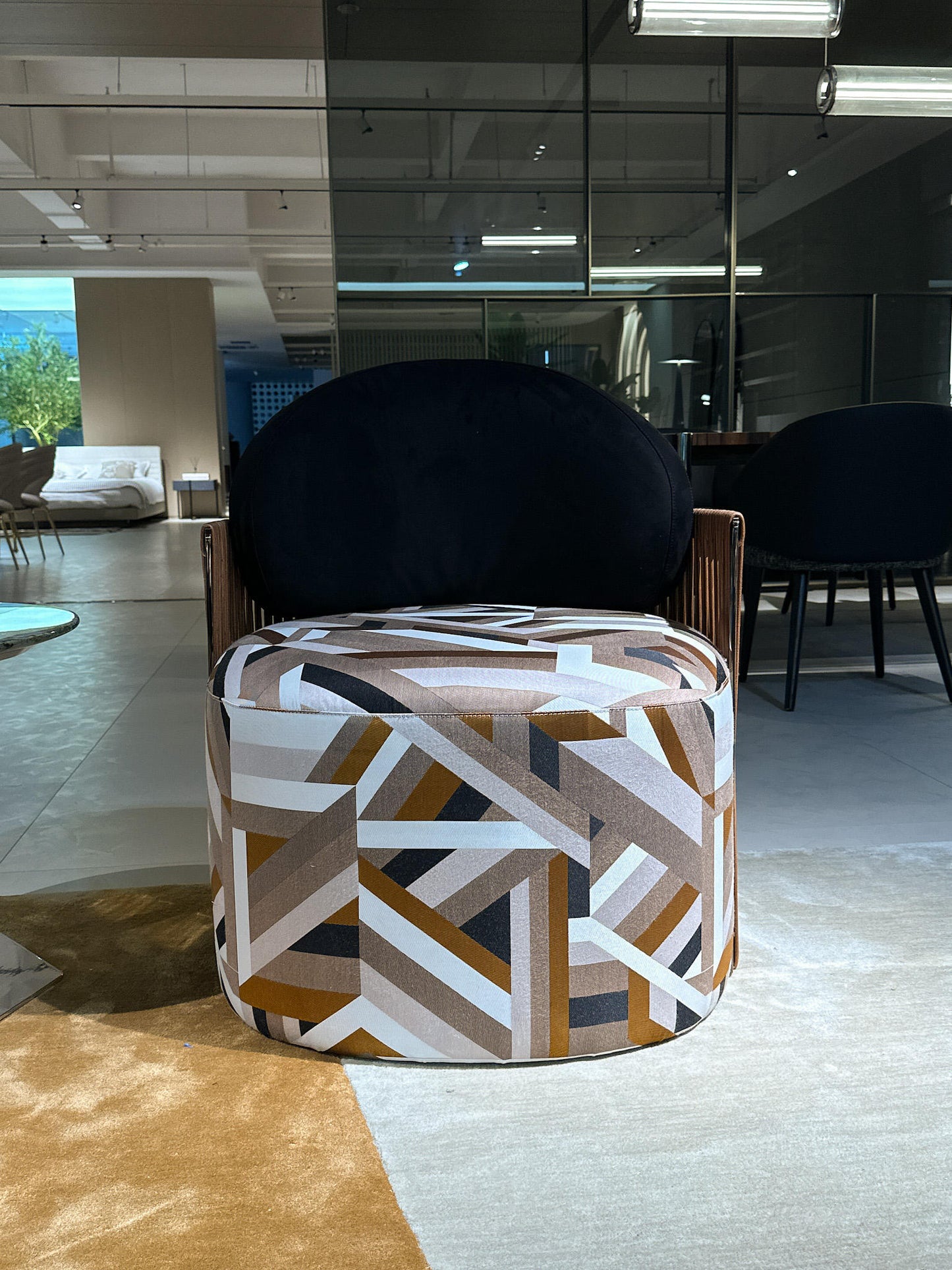 Black Velvet Accent Chair with Geometric Fabric Seat and Wood Arms