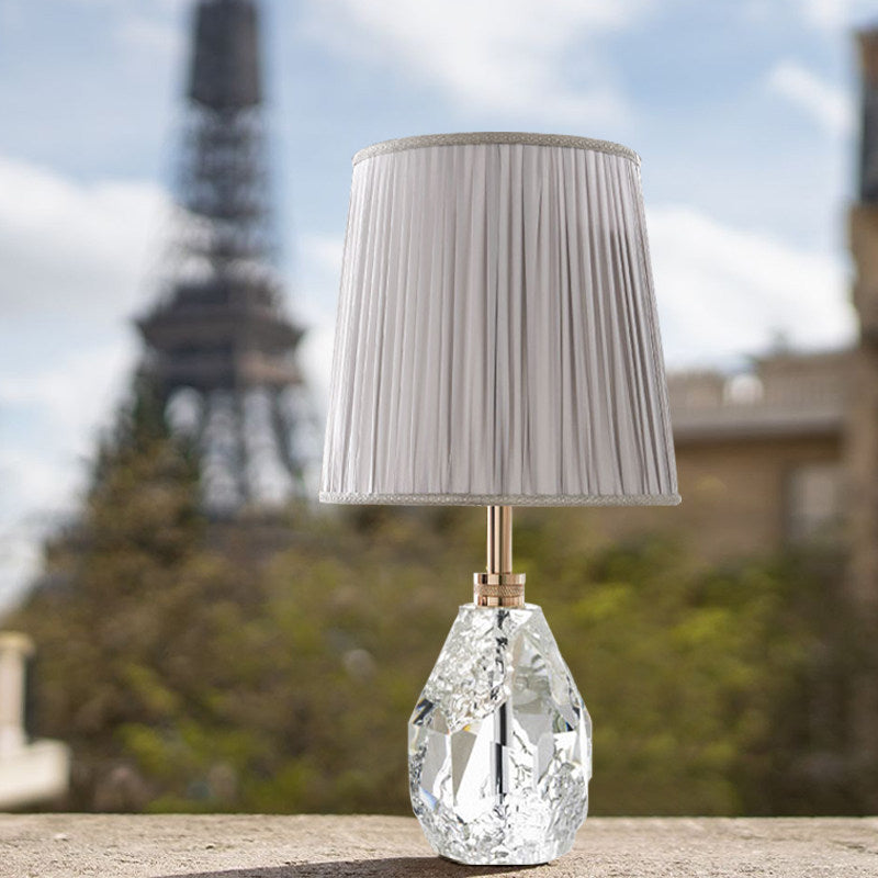 Crystal Table Lamp with Pleated Fabric Shade, Modern Faceted Glass Bedside Lamp with E27 Socket and Button Switch, Decorative Nightstand Lamp for Bedroom Living Room Study