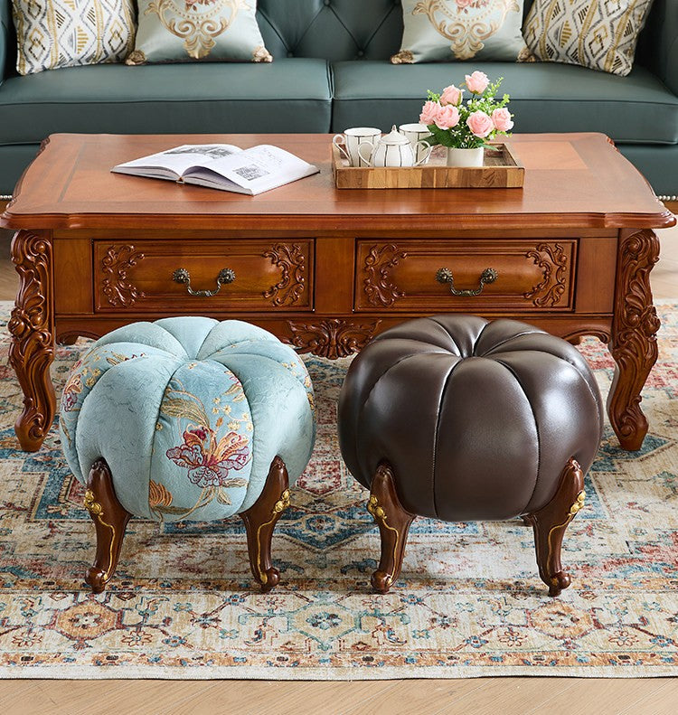 Blue Floral Upholstered Pumpkin Stool with Solid Red Oak Legs