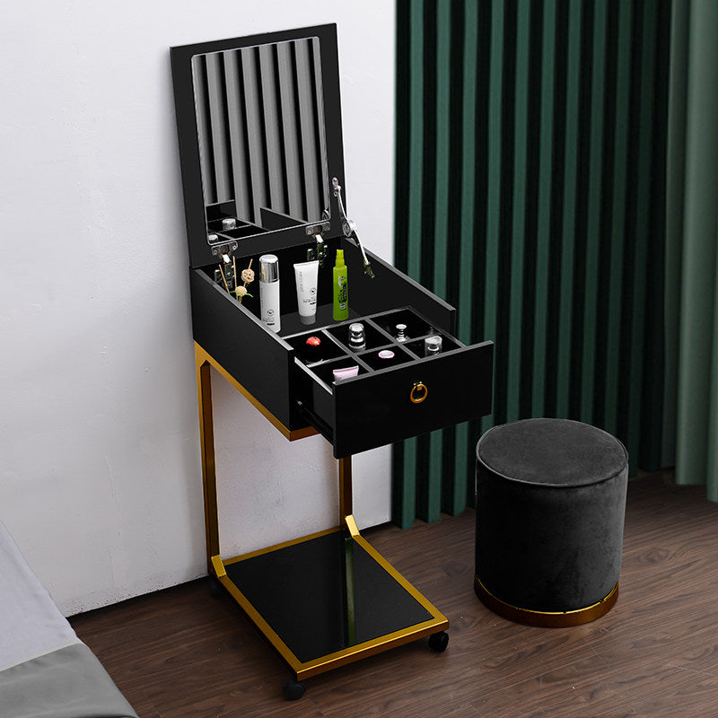 Black Rolling Vanity Table Set, Flip Top Mirror, Drawer, Gold Frame, Stool