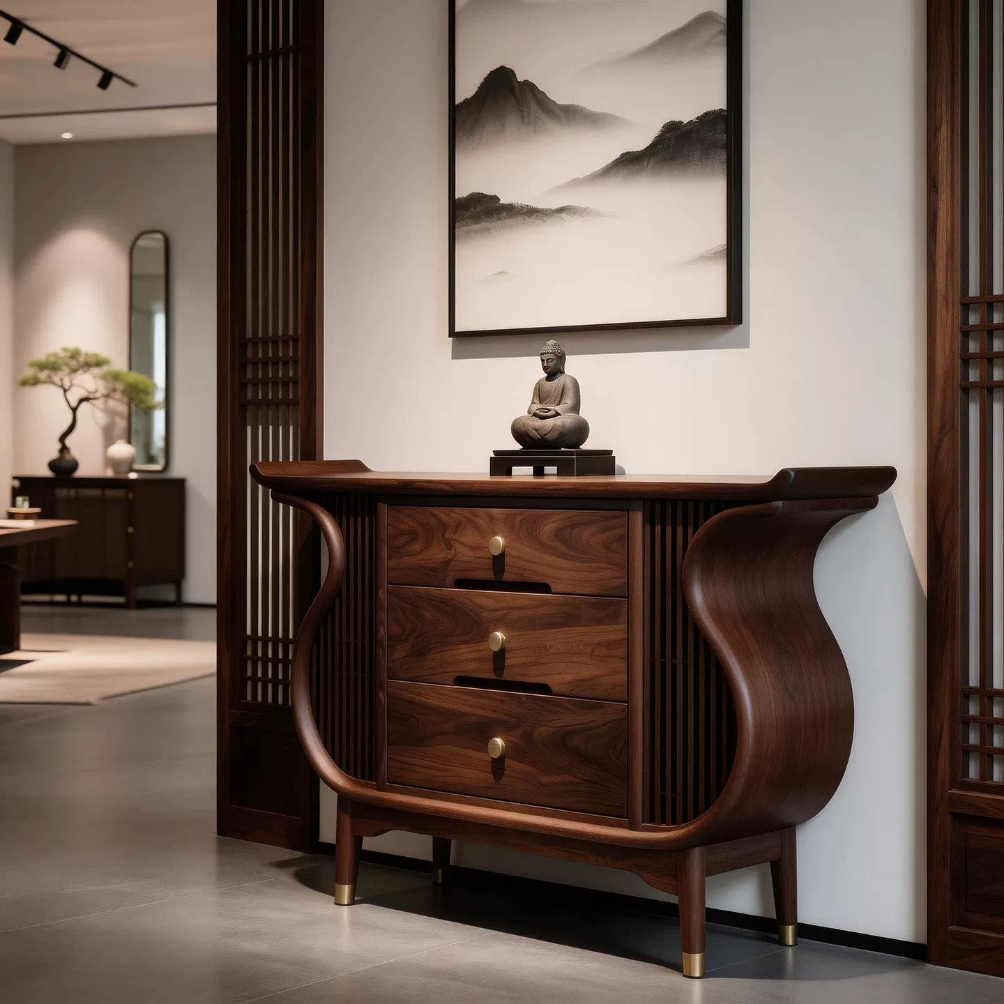 Modern Solid Ash Wood Entryway Cabinet with 3 Drawers, Mid-Century Curved Console Cabinet, Walnut Finish Storage Sideboard, Wooden Accent Buffet Cabinet for Entryway, Living Room, Dining Room &amp; Hallway
